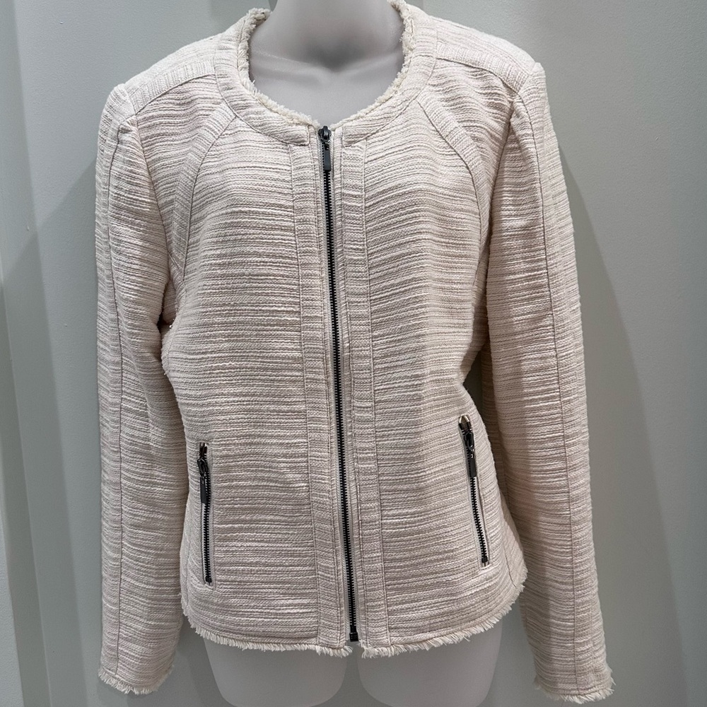 Tart Collections Tweed Cropped Jacket Blazer Cream Zip Front Size Large